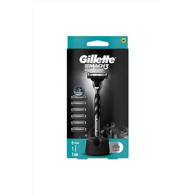 Gillette, Mach3 Charcoal Tıraş Makinesi ve Yedek Bıçağı 6'lı + Tıraş Bıçağı Standı