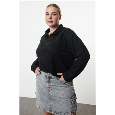 Siyah  Dik Yaka Fermuarlı Selanik İnce Örme Sweatshirt TBBAW23AO00006