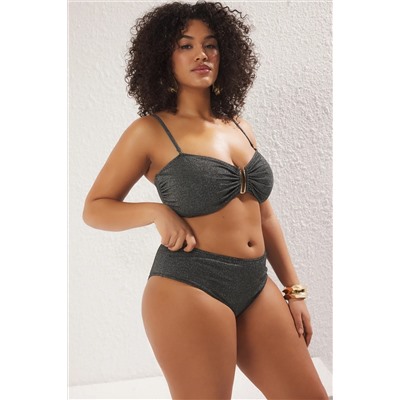 Siyah Yüksek Bel Simli Işıltılı Büyük Beden Bikini Altı TBBSS25CR00004