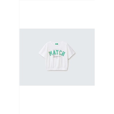 United Colors of BenettonKız Çocuk Beyaz Simli Slogan Baskılı Crop T-shirt