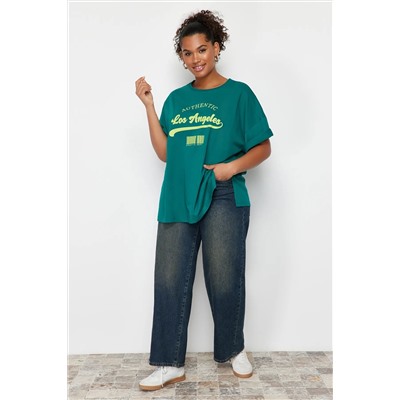 Yeşil Geniş Kalıp Bisiklet Yaka Baskılı %100 Pamuk Örme T-shirt TBBSS23AH00131