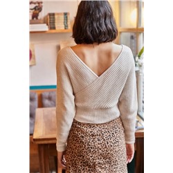 Olalook Kadın Taş Ön Arka V Bel Üstü Crop Triko Kazak KZK-19000076