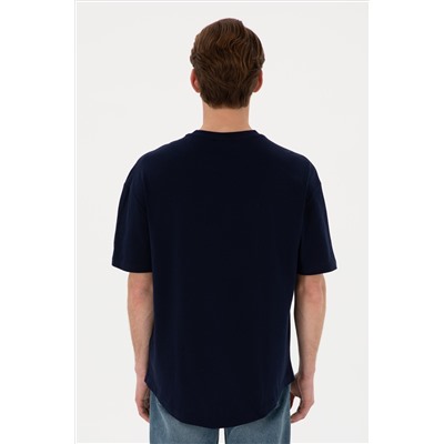 Erkek Long Fit Bisiklet Yaka Lacivert Basic Tişört