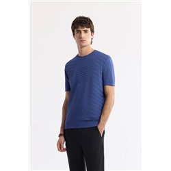 Avva, Erkek İndigo Bisiklet Yaka Önü Jakar Detaylı Rayon Triko T-shirt A51Y5004