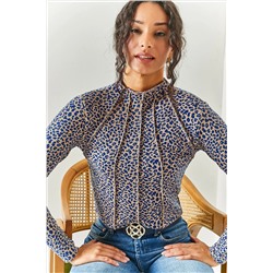 Olalook Kadın Leopar Saks Mavi Parçalı Dik Yaka Likralı Crop Bluz BLZ-19002398