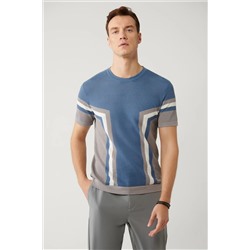 Avva, Erkek Indigo Bisiklet Yaka Blok Renkli Dokulu Modal Triko T-shirt A41y5012