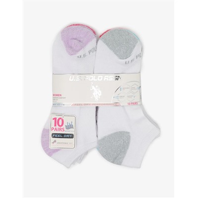 LADIES 10PK WHITE LOW CUT TIPPED SOCKS