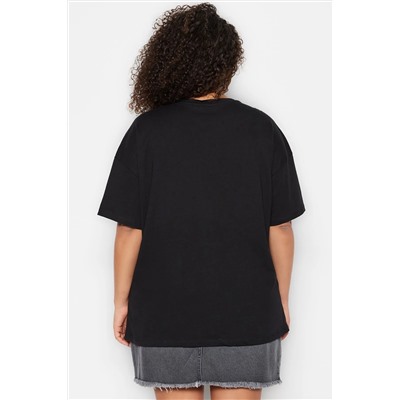 Siyah Geniş Kalıp Baskılı Bisiklet Yaka %100 Pamuk Örme T-shirt TBBSS23BF00015