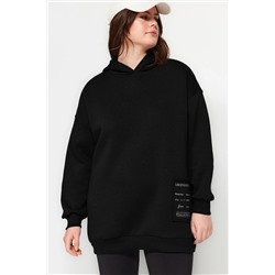 Siyah Kapüşonlu Slogan Detaylı İçi Polar Kalın Örme Sweatshirt TBBAW24AO00018