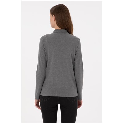 Kadın Antrasit Melanj Basic Polo Yaka Sweatshirt
