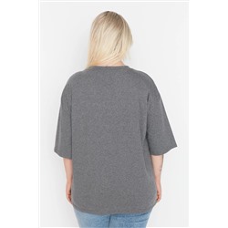 Antrasit Geniş Kalıp Nakış Detaylı Örme Büyük Beden T-Shirt TBBSS22BF00002