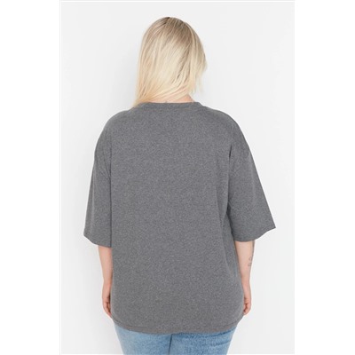 Antrasit Geniş Kalıp Nakış Detaylı Örme Büyük Beden T-Shirt TBBSS22BF00002