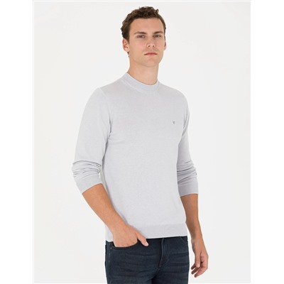 Krem Melanj Slim Fit Çeyrek Yaka Basic Triko Kazak
