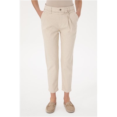 Kadın Ekru Çizgili Keten Karışımlı Carrot Fit Jean Pantolon
