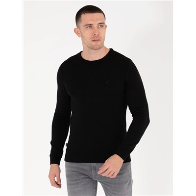Siyah Slim Fit Bisiklet Yaka Basic Triko Kazak
