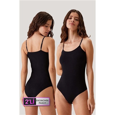 Pierre Cardin2'li Ekonomik Paket Siyah 3004 Ince Askılı Basic Pamuklu Çıtçıtlı Body / Atlet Set