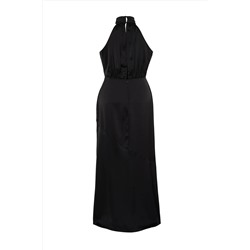 Siyah Halter Yaka Saten Maxi/Uzun Boy Büyük Beden Party/Mezuniyet/Abiye Elbise TBBSS24AH00150