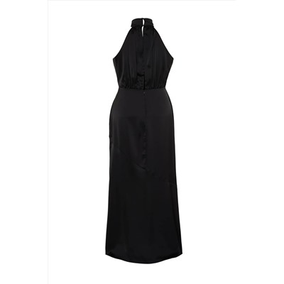 Siyah Halter Yaka Saten Maxi/Uzun Boy Büyük Beden Party/Mezuniyet/Abiye Elbise TBBSS24AH00150