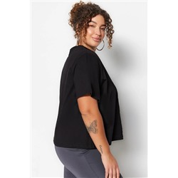 Siyah Bisiklet Yaka Dikiş Detaylı %100 Pamuk Örme Crop T-Shirt TBBSS23BF00037