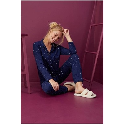 BIES Kadın Lacivert Puantiyeli Bambu Gömlek Yaka Önden Düğmeli Mevsimlik Uzun Kol Viskon Pijama Takımı MLN
