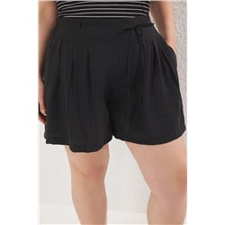 Siyah Yazlık Bağcıklı Pilili Yüksek Bel Geniş Paça Dokuma Şort&Bermuda TBBSS25AP00019