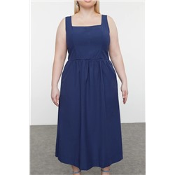Indigo Kare Yaka Belden Açılan Lastik Gipeli Midi Dokuma Büyük Beden Elbise TBBSS24AH00208
