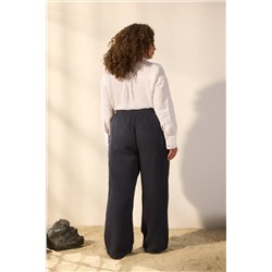 Lacivert %100 Keten Dokuma Büyük Beden Geniş Paça Pantolon TBBSS25AR00043
