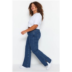 Trendyol Curve Koyu Mavi Yırtmaçlı Yüksek İspanyol Paça Flare TBBSS23CJ00021