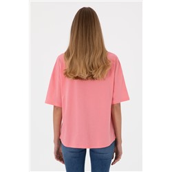 Kadın Pembe Oversize Bisiklet Yaka Tişört