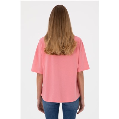 Kadın Pembe Oversize Bisiklet Yaka Tişört