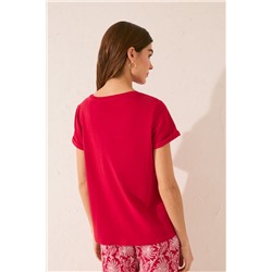 Camiseta manga corta 100% algodón rojo bordado
