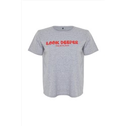 Gri Melanj Slogan Baskılı Boyfriend %100 Pamuk Örme Büyük Beden T-shirt TBBSS24BF00036
