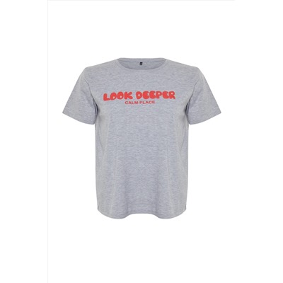 Gri Melanj Slogan Baskılı Boyfriend %100 Pamuk Örme Büyük Beden T-shirt TBBSS24BF00036
