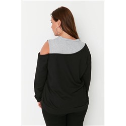 Siyah Bisiklet Yaka Omuz Detaylı İnce Örme Büyük Beden Sweatshirt TBBAW23AO00020