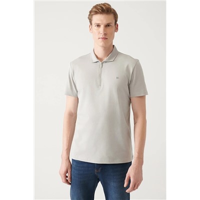 Avva Erkek Gri %100 Pamuk Fermuarlı Standart Fit Normal Kesim Polo Yaka T-shirt E001034