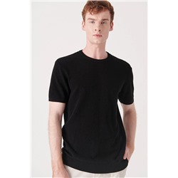 Avva Erkek Siyah Bisiklet Yaka Dokulu Ribanalı Standart Fit Normal Kesim Triko T-shirt B005010