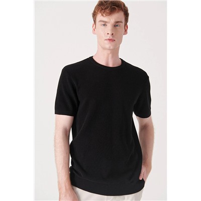 Avva Erkek Siyah Bisiklet Yaka Dokulu Ribanalı Standart Fit Normal Kesim Triko T-shirt B005010