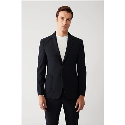 Avva Erkek Lacivert Su Itici 360 Esnek Kumaş Mono Yaka Çift Yırtmaç Astarsız Slim Comfort Fit Ceket A32y4 A32Y4012