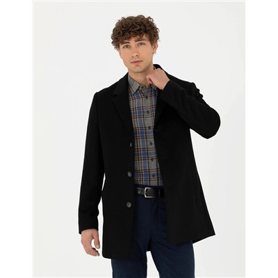 Siyah Ex. Slim Fit Kaşe Kaban
