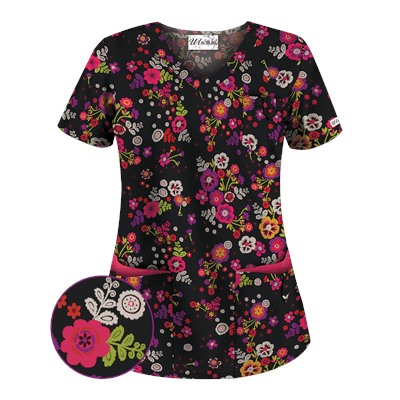 UA Fiesta Flowers Black Print Scrub Top