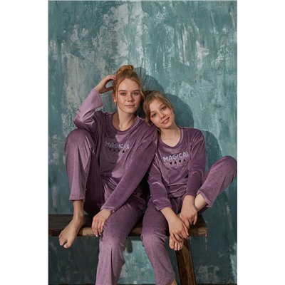 bendengiy Anne Kız Kombini Uzun Kollu Fransız Kadife Pijama Takımı 13302