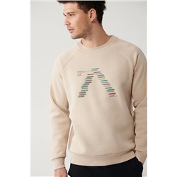 Avva Erkek Bej Şardonlu Kumaş Bisiklet Yaka Nakışlı Sweatshirt A32Y1293