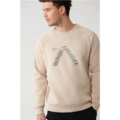 Avva Erkek Bej Şardonlu Kumaş Bisiklet Yaka Nakışlı Sweatshirt A32Y1293