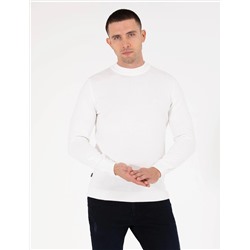 Ekru Slim Fit Çeyrek Yaka Basic Triko Kazak