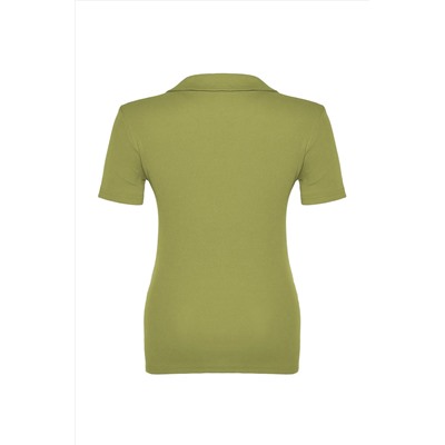 Yeşil Polo Yaka Vücuda Oturan Fitilli Örme Bluz TBBSS22BZ0750