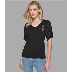 RUCHED SHORT SLEEVE TOP WITH PINS