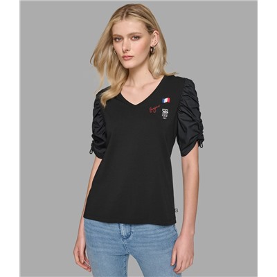 RUCHED SHORT SLEEVE TOP WITH PINS