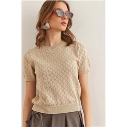 Olalook, Kadın Taş Baklava Desenli Ajurlu Kısa Kol Triko Bluz BLZ-19002883
