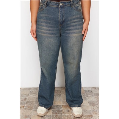 Mavi Yüksek Bel Soluk Efekt Vintage Yıkama Geniş Paça Büyük Beden Wide Leg Jeans TBBSS24CJ00042