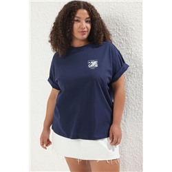 Lacivert Oversize Fit %100 Pamuk Ön ve Arka Baskılı Örme Büyük Beden T-Shirt TBBSS25BF00002